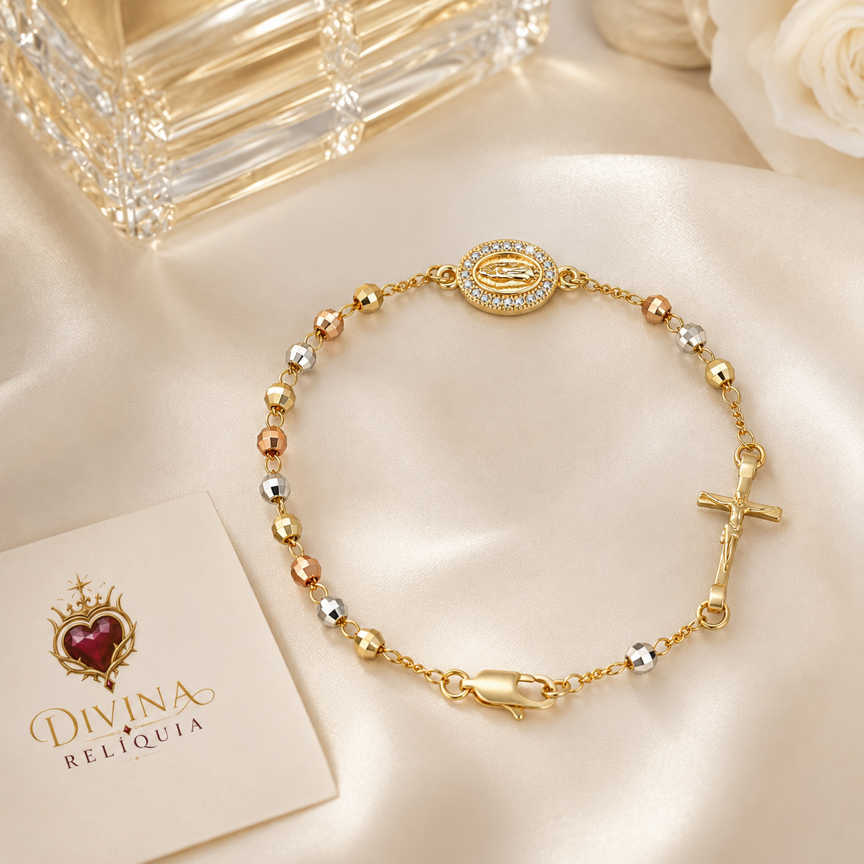 Pulseira Rosário de Maria Três Ouros - Divina Relíquia - Colar feminino dourado com significado Divina Relíquia