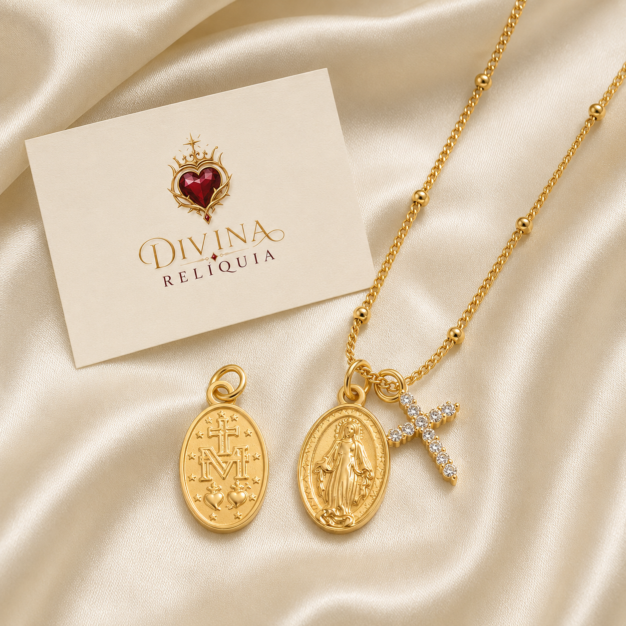 Colar Medalha Milagrosa Nossa Senhora das Graças - Dupla Face com Cruz de Zircônias - Divina Relíquia - Colar feminino dourado com significado Divina Relíquia
