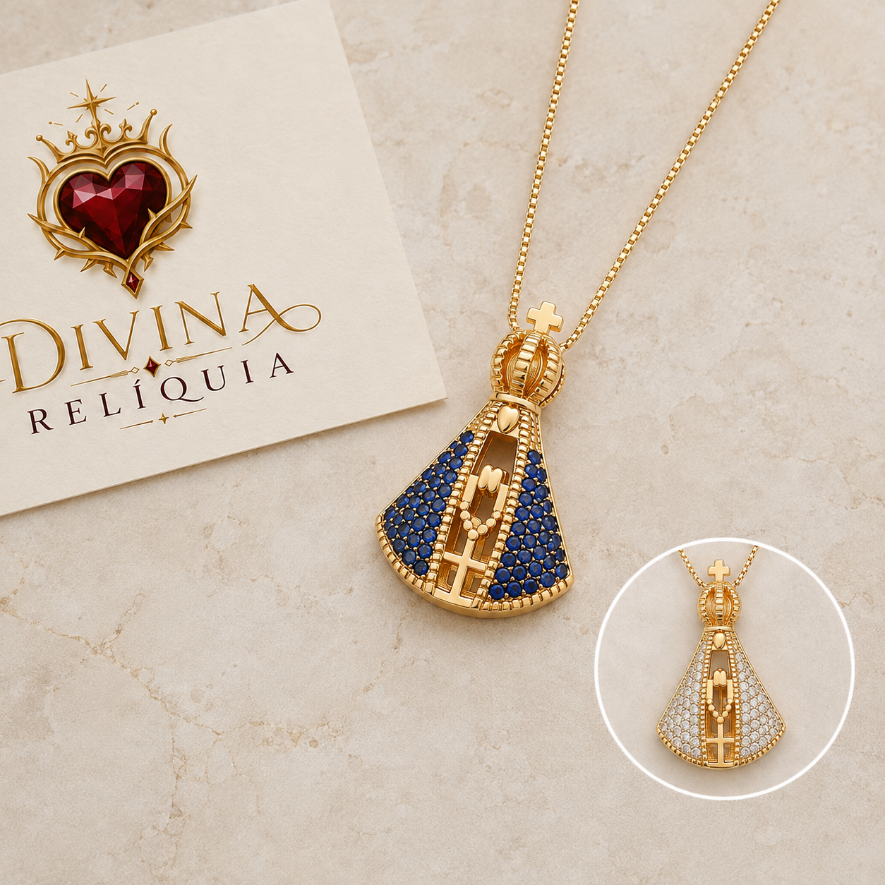 Colar Nossa Senhora Aparecida Coroada Dupla Face - Divina Relíquia - Colar feminino dourado com significado Divina Relíquia