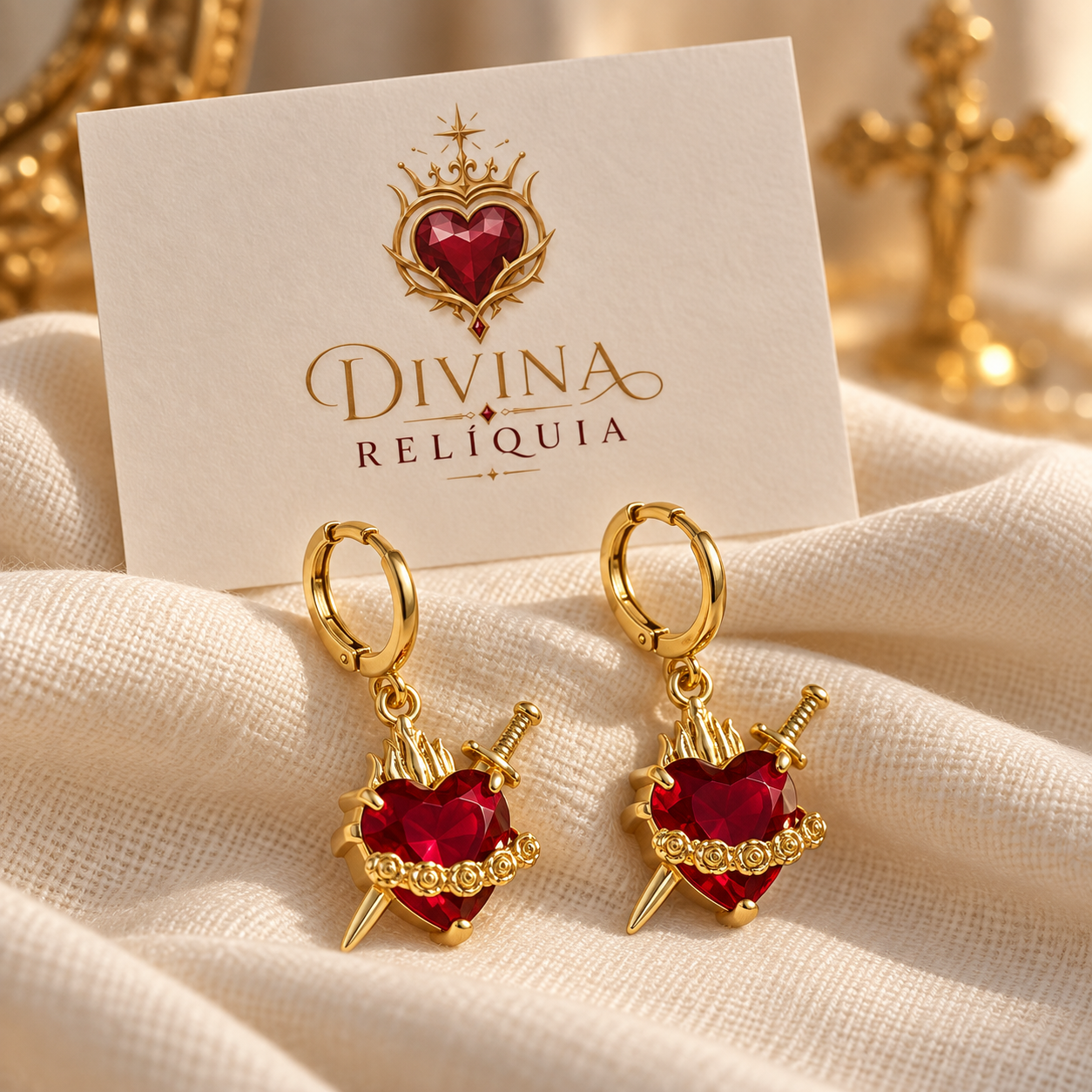 Brinco Sagrado Coração de Jesus Imperial - Divina Relíquia - Colar feminino dourado com significado Divina Relíquia