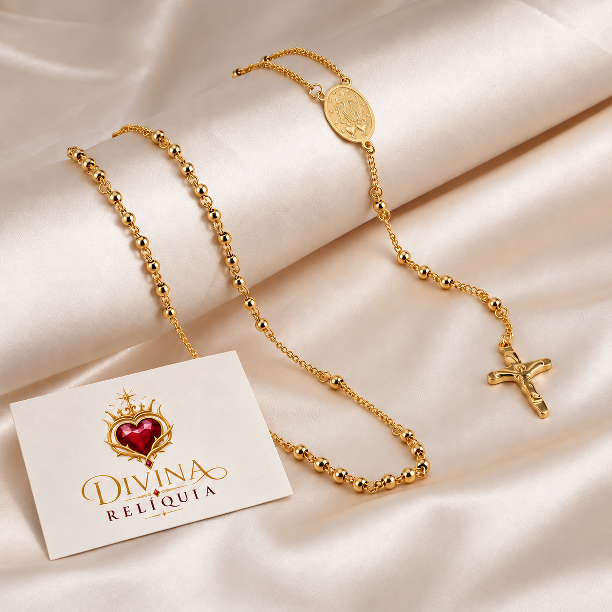 Colar Rosário Longo Medalha de Maria e Cristo Redentor - Divina Relíquia - Colar feminino dourado com significado Divina Relíquia