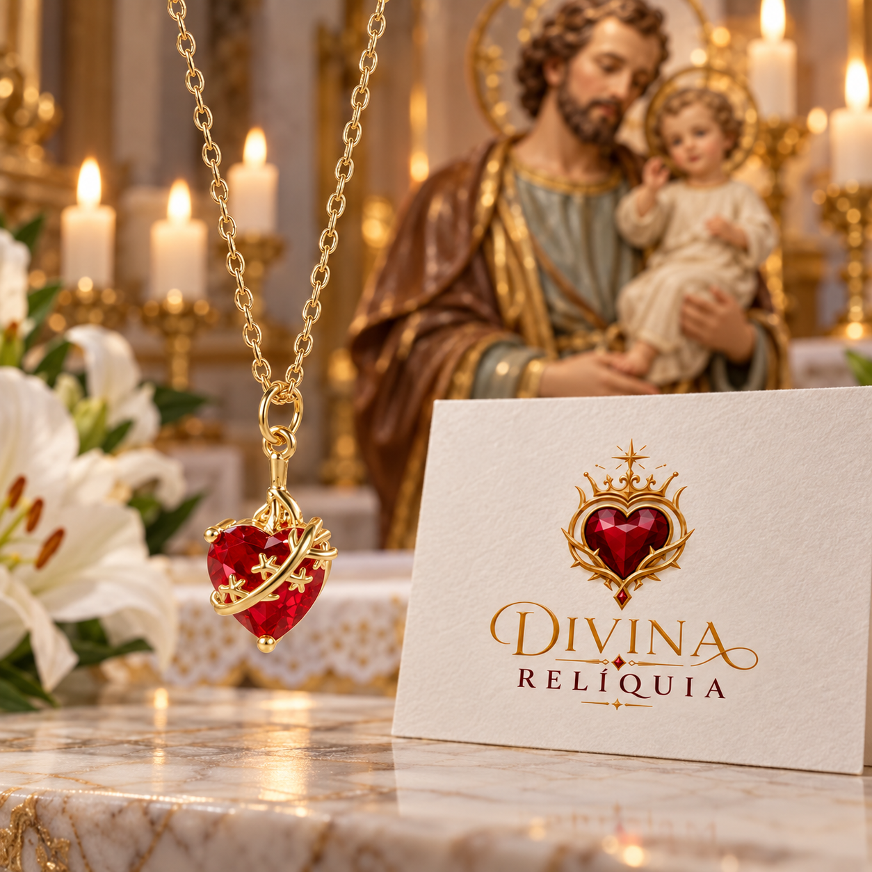 Colar Castíssimo Coração de São José - Divina Relíquia - Colar feminino dourado com significado Divina Relíquia