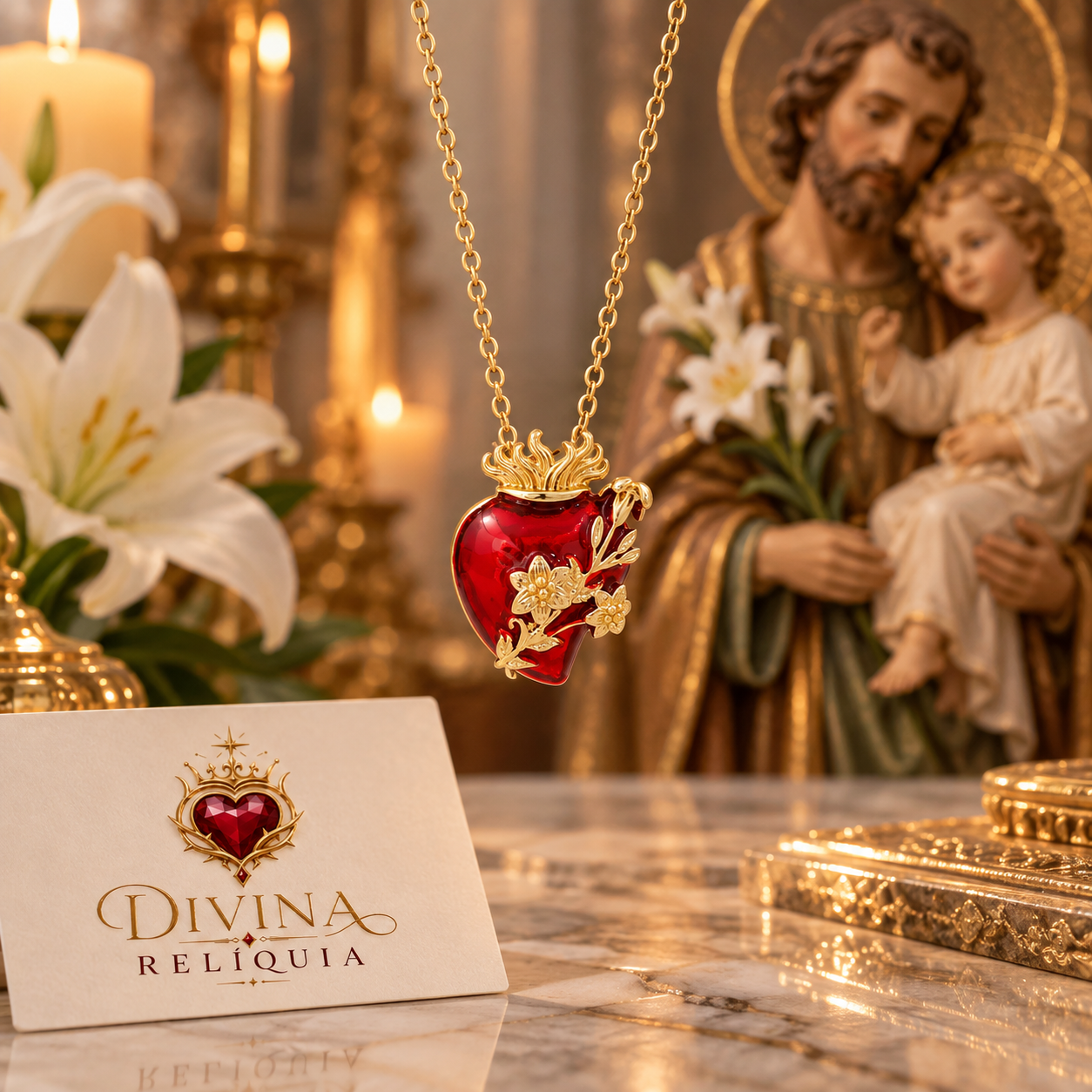 Colar Castíssimo Coração de São José — Corações da Sagrada Família - Divina Relíquia - Colar feminino dourado com significado Divina Relíquia