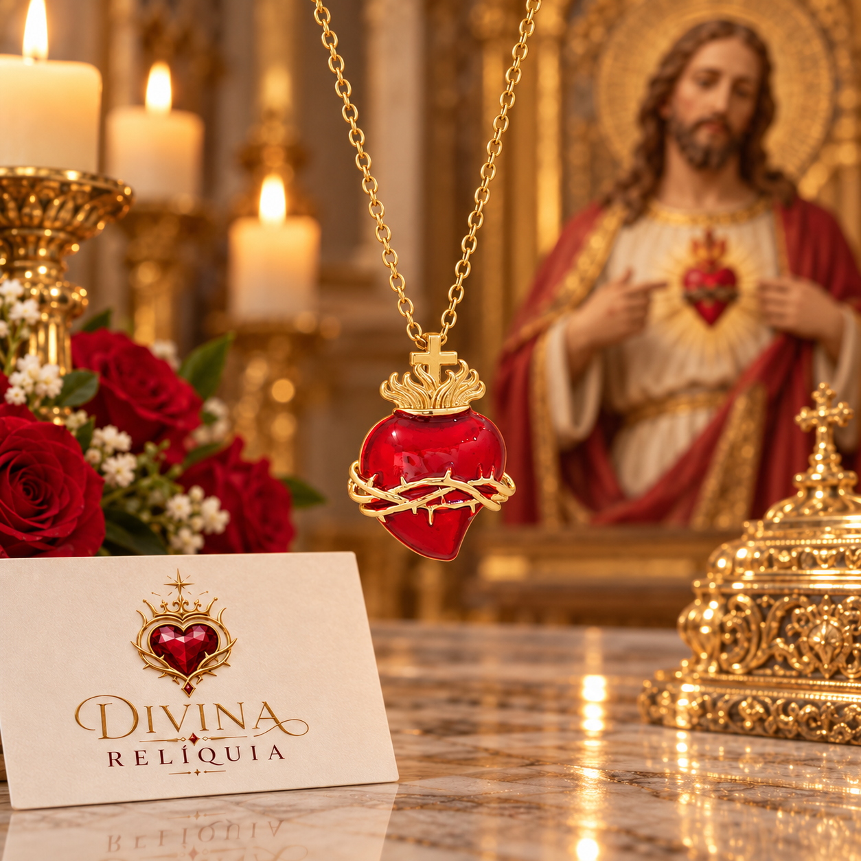 Colar Sagrado Coração de Jesus — Corações da Sagrada Família - Divina Relíquia - Colar feminino dourado com significado Divina Relíquia