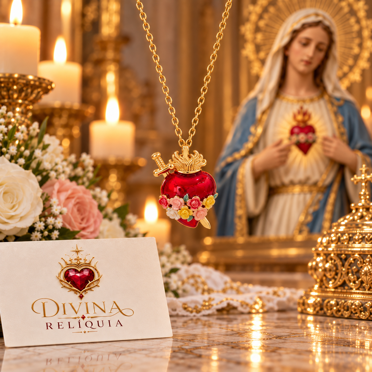 Colar Imaculado Coração de Maria — Corações da Sagrada Família - Divina Relíquia - Colar feminino dourado com significado Divina Relíquia