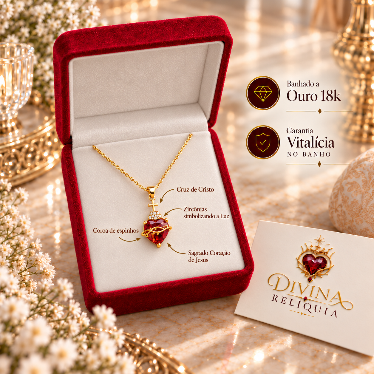 Colar Pingente Sagrado Coração de Jesus com Zircônia — Divina Relíquia - Colar feminino dourado com significado Divina Relíquia