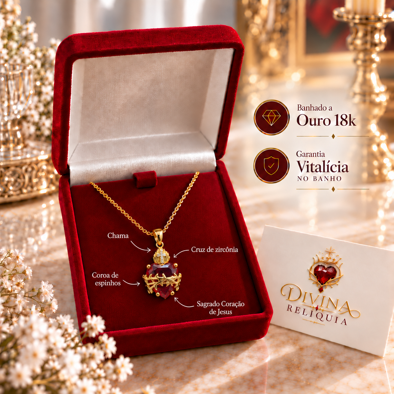 Colar Pingente Sagrado Coração de Jesus — Divina Relíquia - Colar feminino dourado com significado Divina Relíquia
